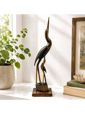 Vintage Hand-Carved Resin Crane Statue With Wooden Base 12" Tall Mid-Century Déc